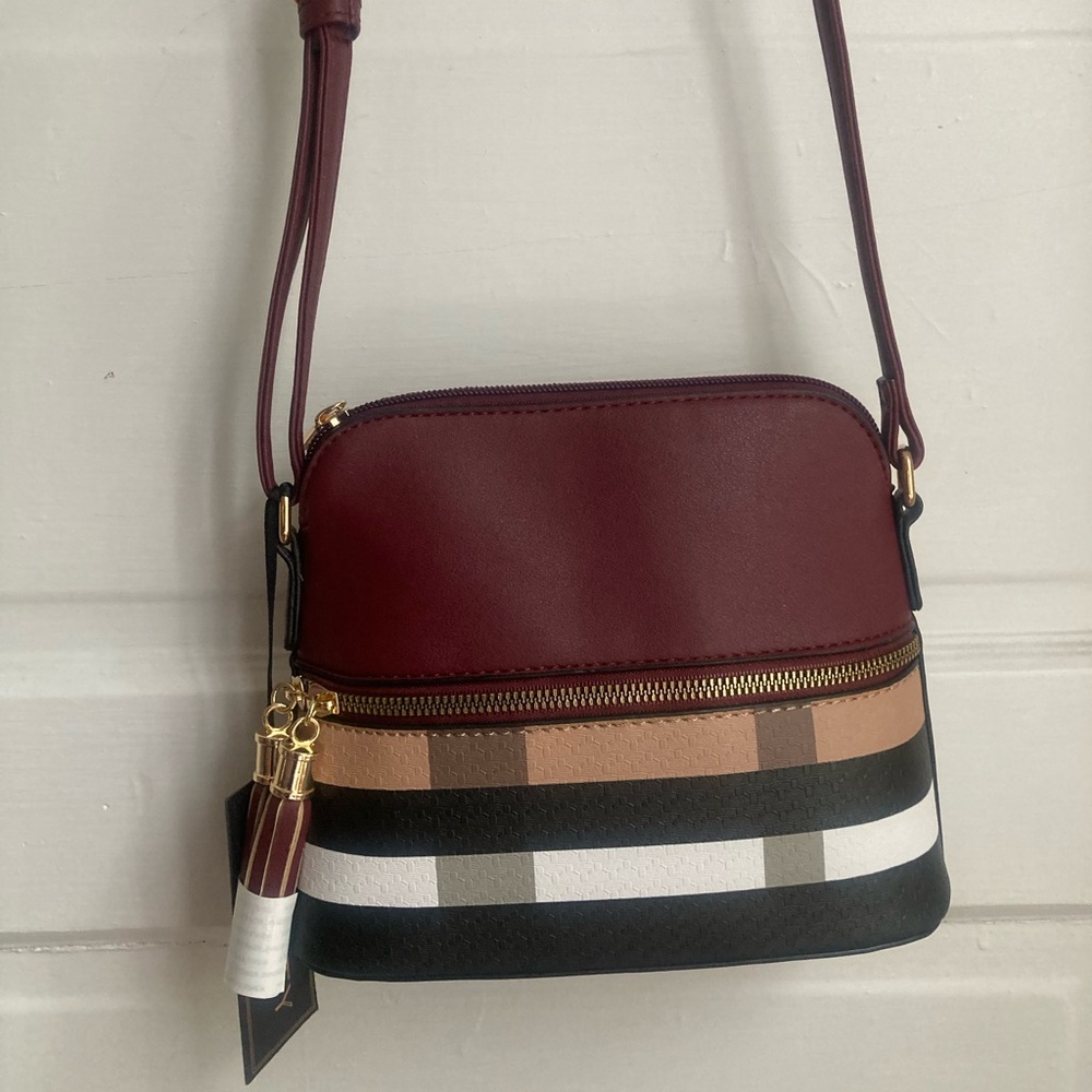 Burgundy and Multicolor Plaid Vegan Leather Crossbody Bag - Picture 6 of 16
